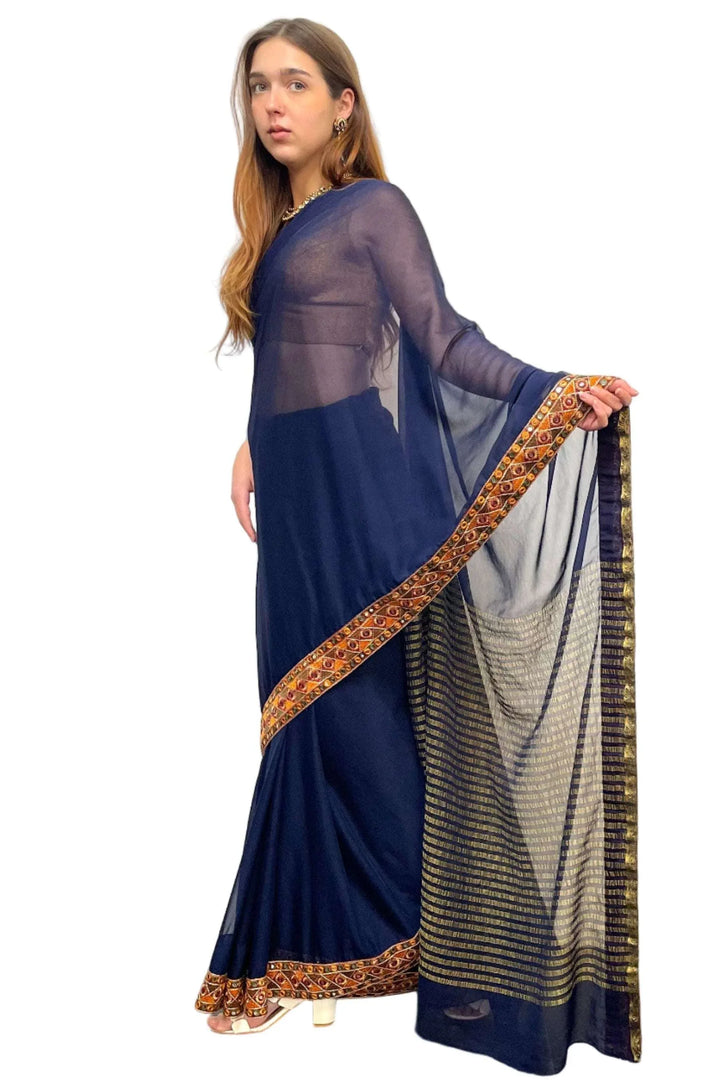 Navy Blue pure Gerogette Saree - myethnicrentals