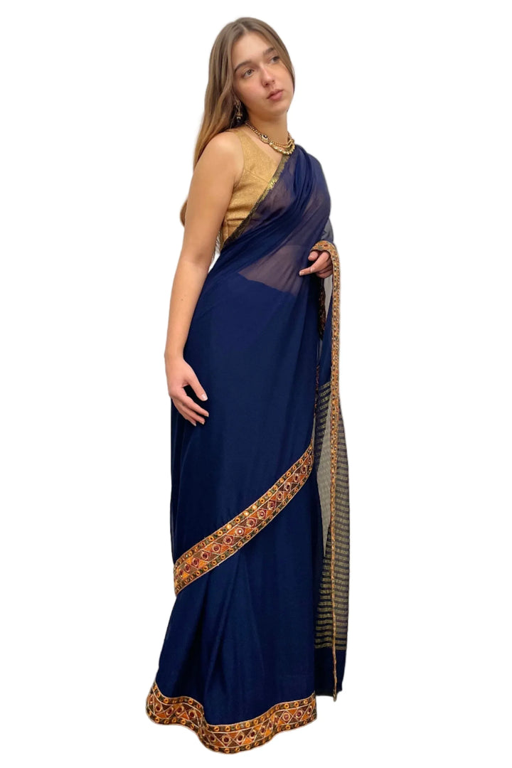 Navy Blue pure Gerogette Saree - myethnicrentals