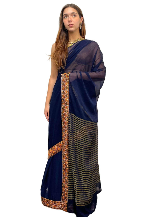 Navy Blue pure Gerogette Saree - myethnicrentals