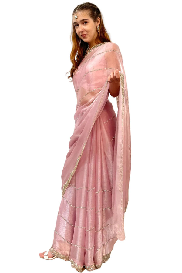 Glass tissue blush pink Saree (Outside Ontario) - myethnicrentals
