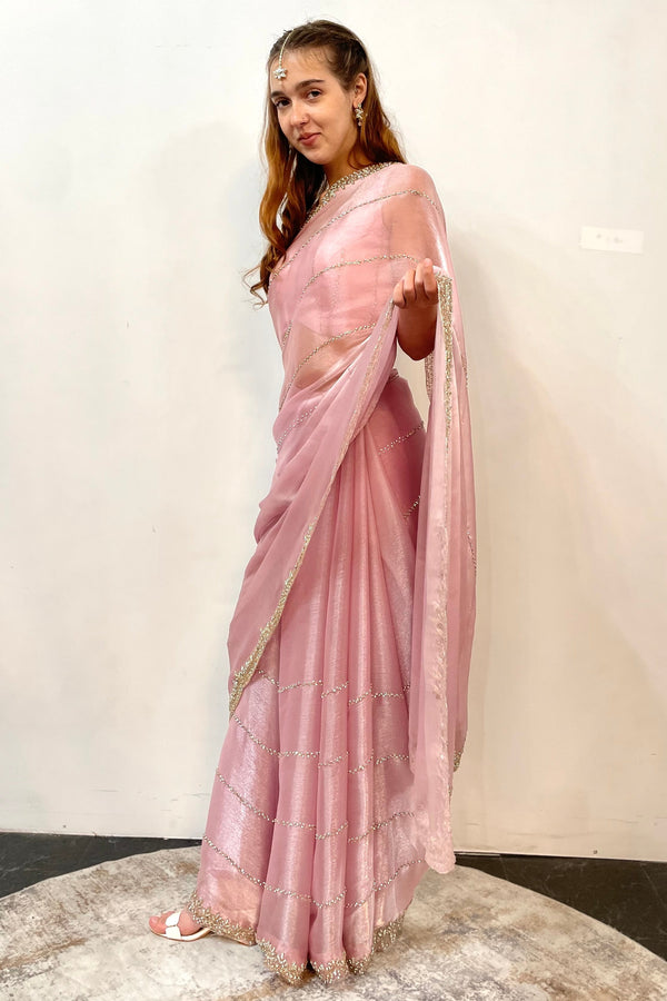 Glass tissue blush pink Saree