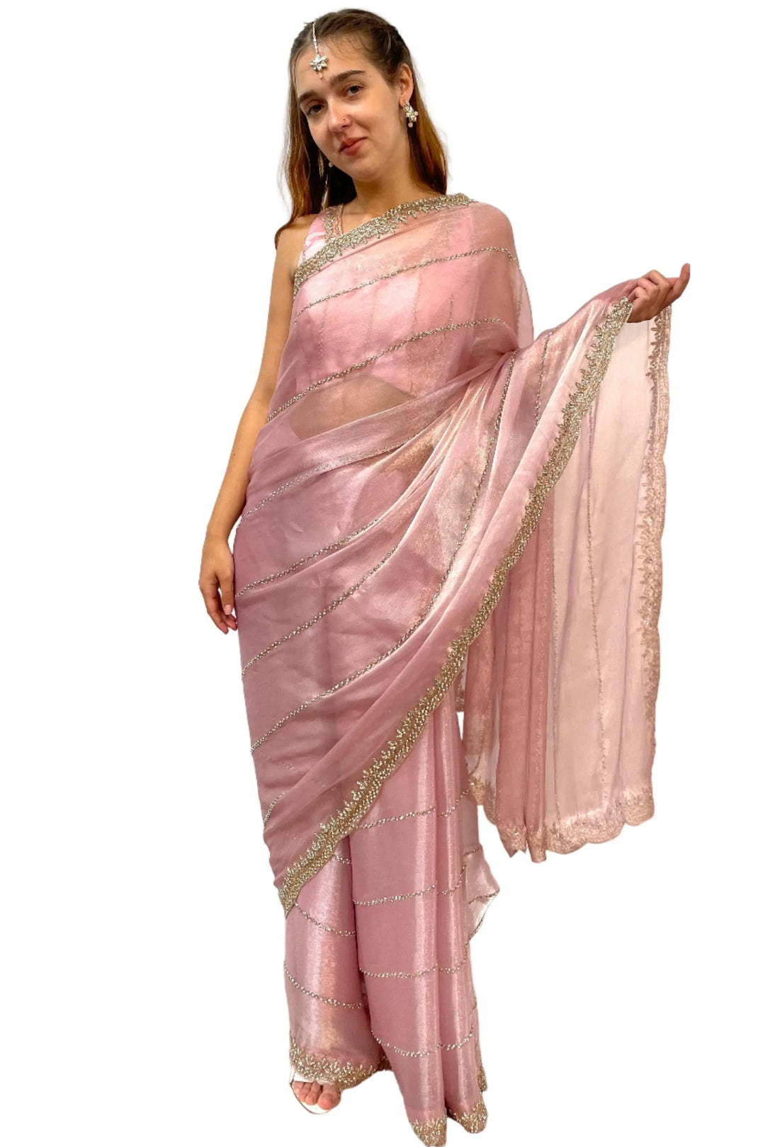 Glass tissue blush pink Saree (Outside Ontario) - myethnicrentals