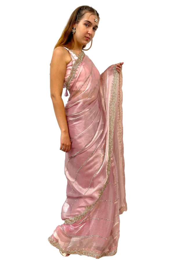 Glass tissue blush pink Saree (Outside Ontario) - myethnicrentals