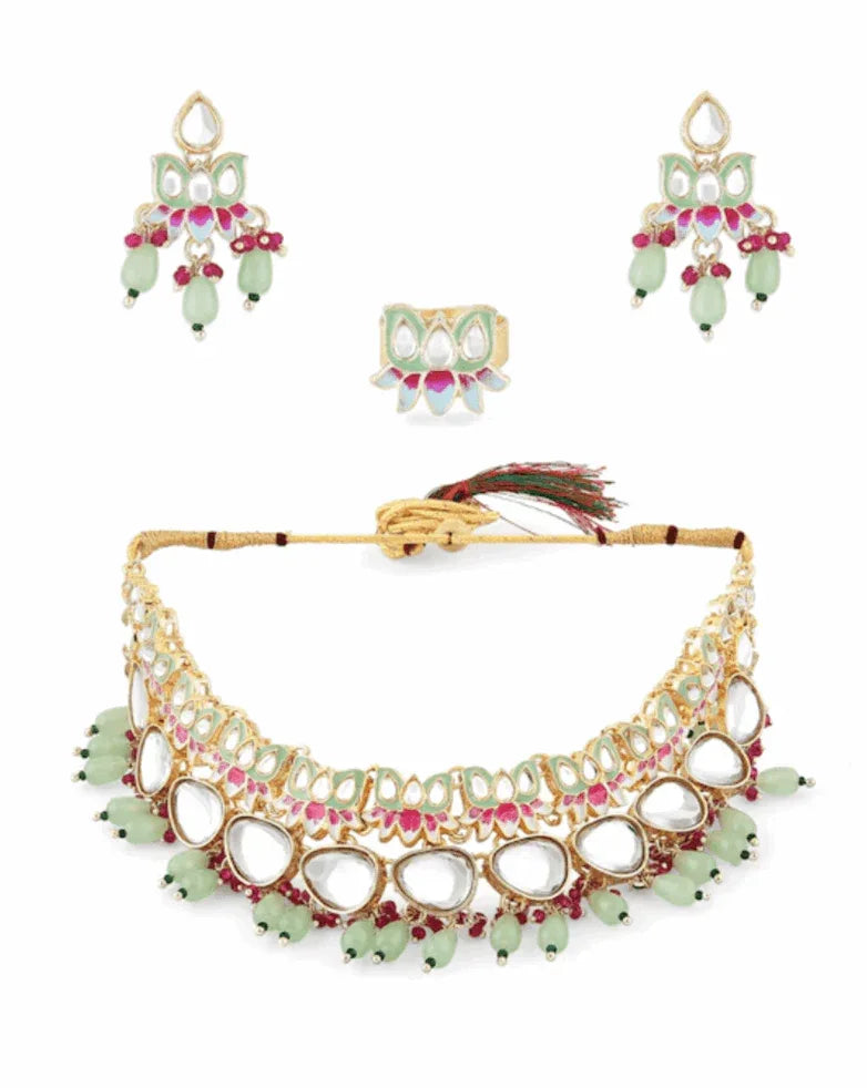 Light Green Kundan-Studded & Pearl Beaded Jewellery Set (Outside Ontario) - myethnicrentals