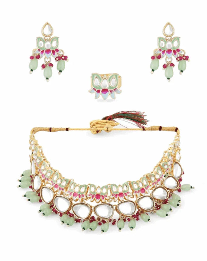 Light Green Kundan-Studded & Pearl Beaded Jewellery Set (Outside Ontario) - myethnicrentals