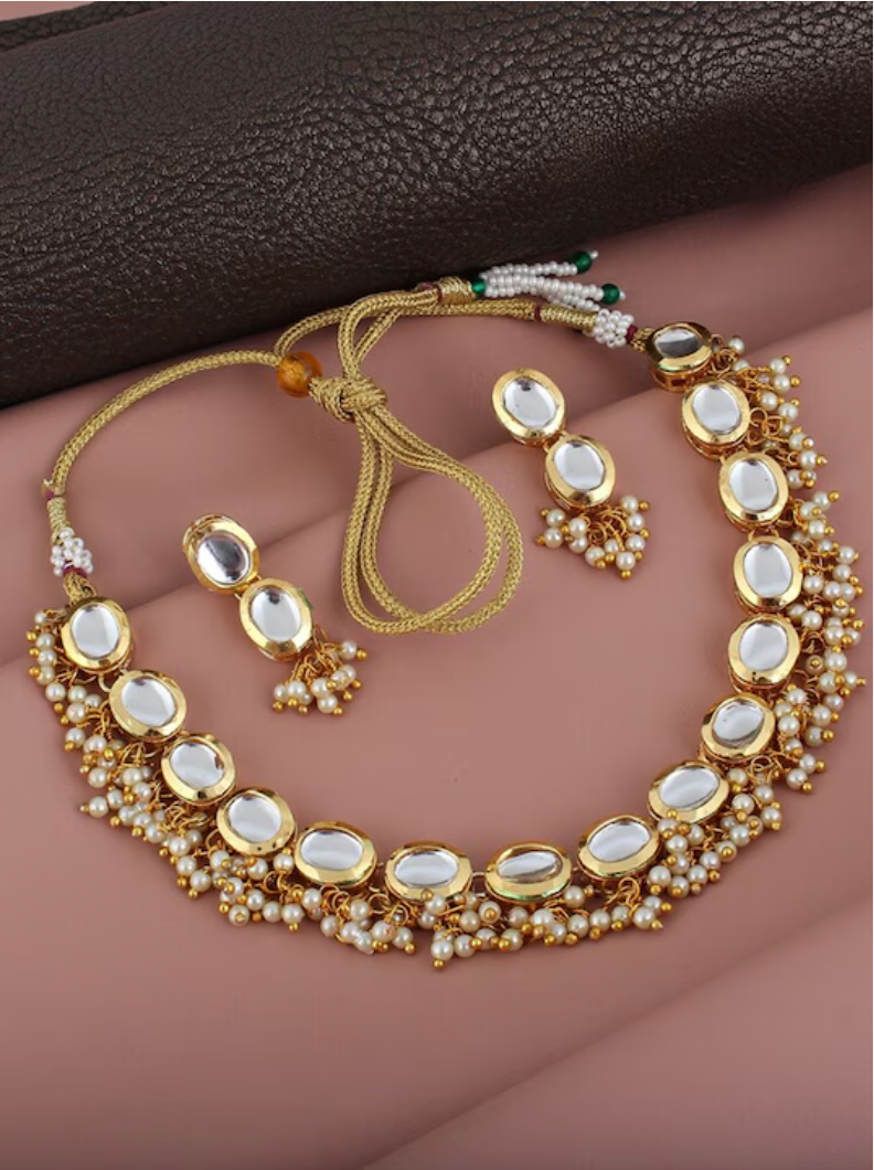 18k Gold-Plated White Kundan pearl Jewellery Set