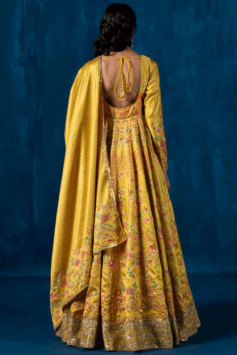 Sunlit Yellow Embroidered Crepe Silk Anarkali (Outside Ontario) - myethnicrentals