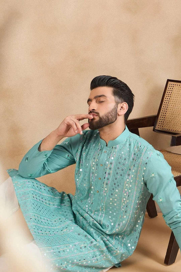 Powder Blue Mirror Work Kurta (Outside Ontario) - myethnicrentals