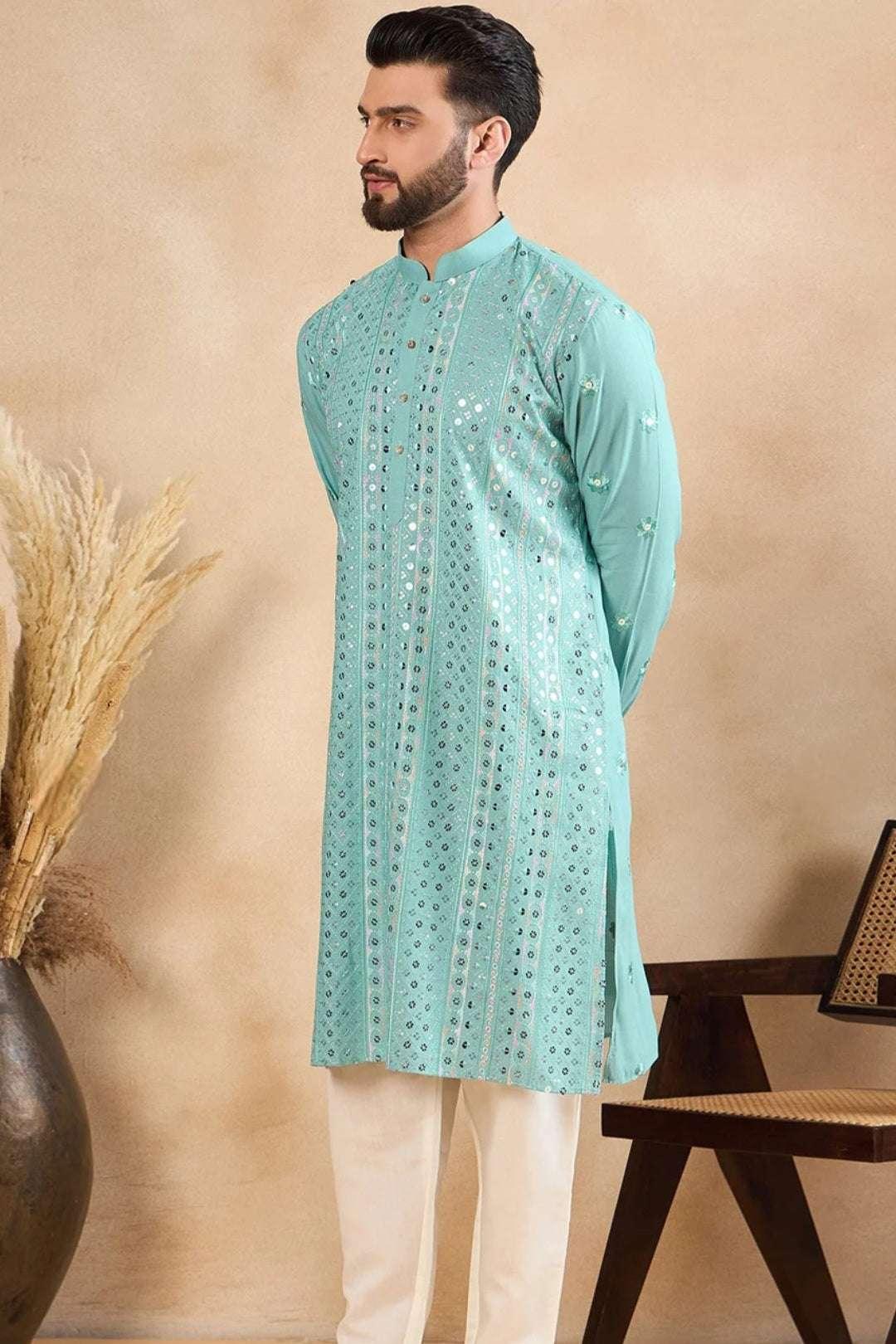 Powder Blue Mirror Work Kurta (Outside Ontario) - myethnicrentals
