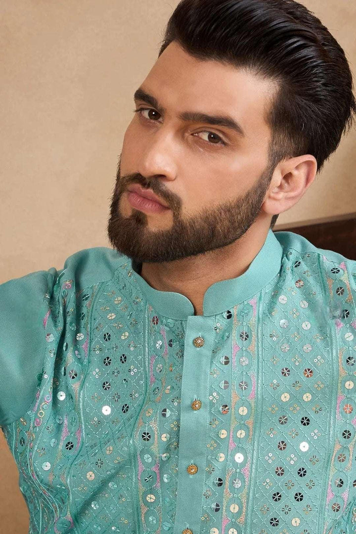 Powder Blue Mirror Work Kurta (Outside Ontario) - myethnicrentals