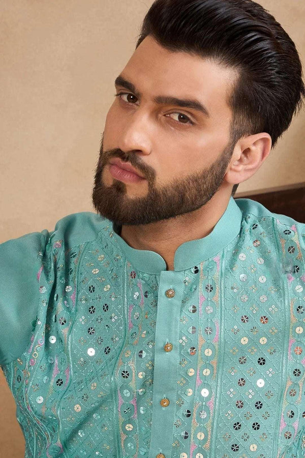 Powder Blue Mirror Work Kurta (Outside Ontario) - myethnicrentals