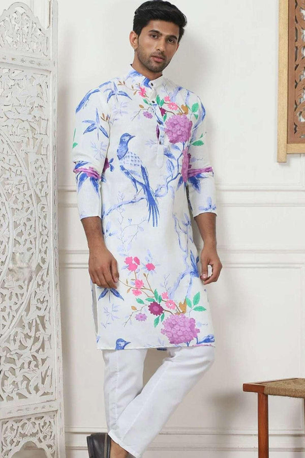 Ivory Multicolor Bird & Bloom Printed Kurta (Outside Ontario) - myethnicrentals