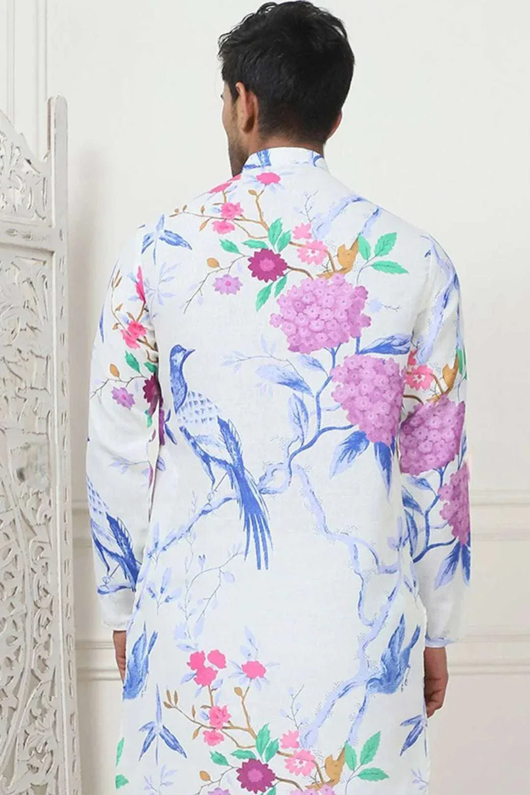 Ivory Multicolor Bird & Bloom Printed Kurta (Outside Ontario) - myethnicrentals