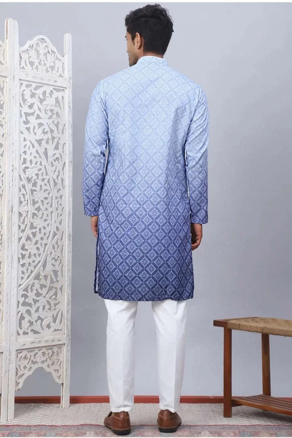 Ombré Indigo Diamond-Print Kurta Set (Outside Ontario) - myethnicrentals
