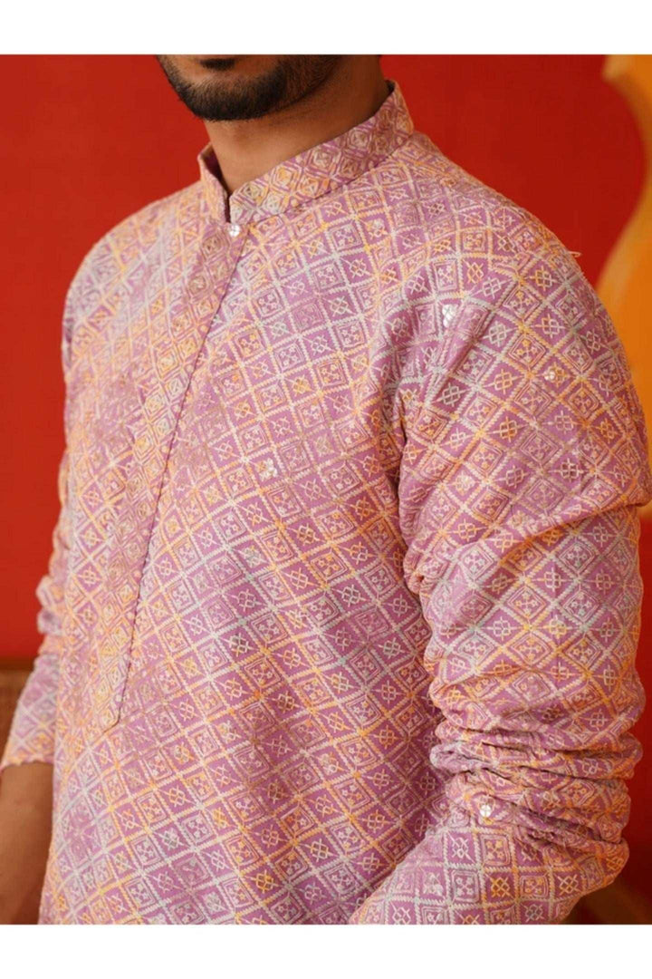 Saffron Lilac Geometric Kurta Set (Outside Ontario) - myethnicrentals