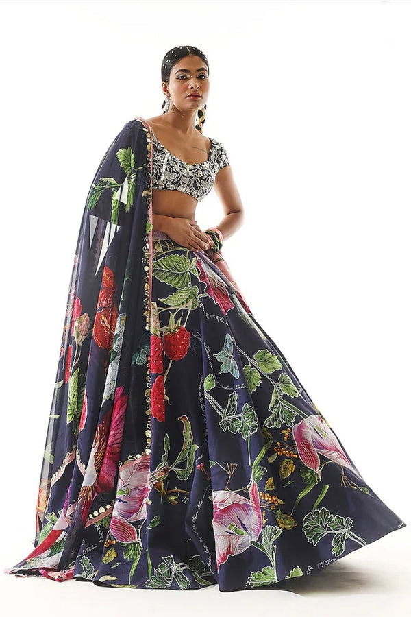 Mahima Mahajan Navy Blue Satin Organza Printed Lehenga Set