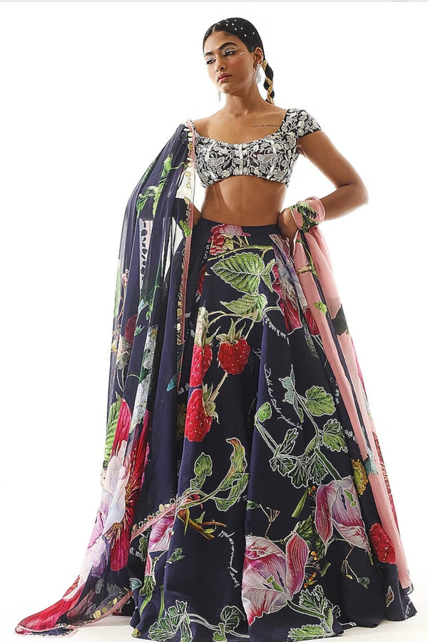 Mahima Mahajan Navy Blue Satin Organza Printed Lehenga Set