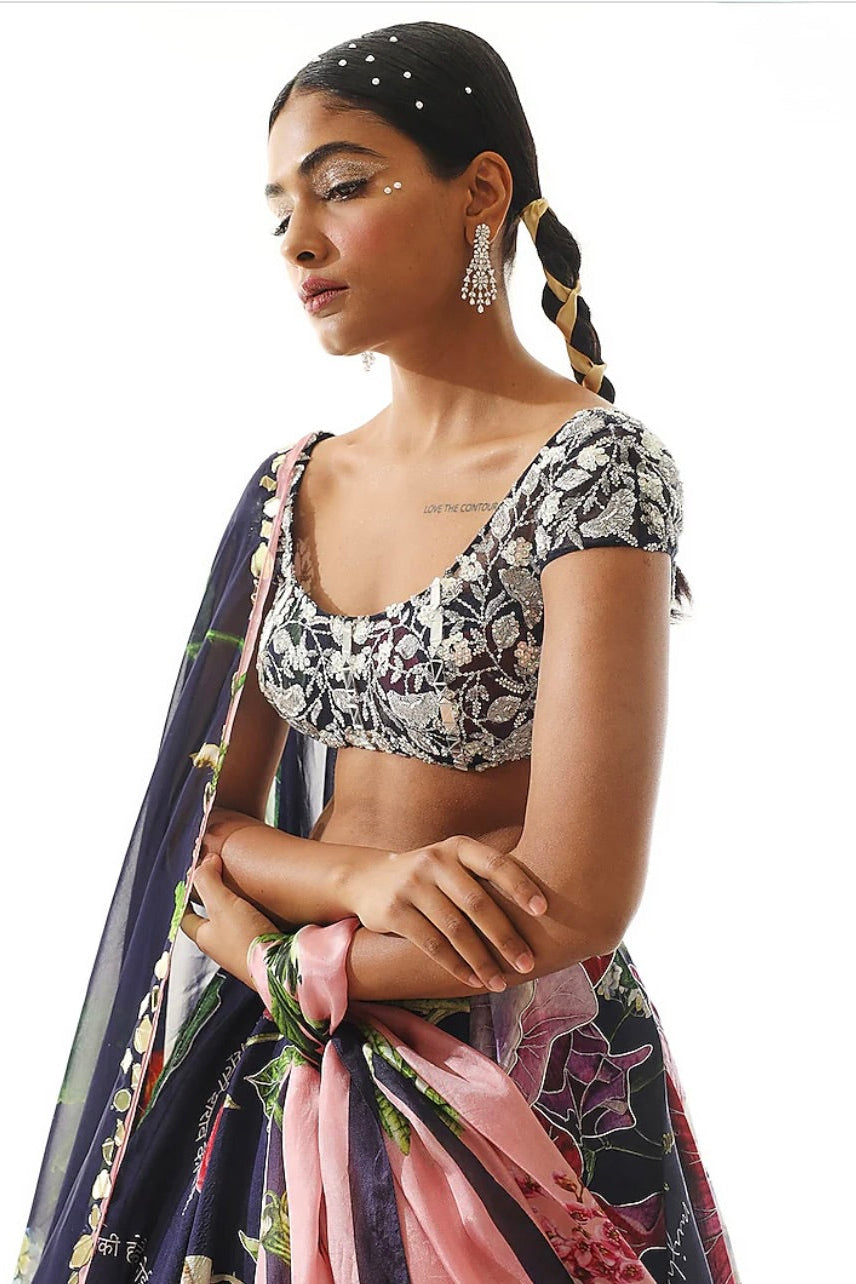 Mahima Mahajan Navy Blue Satin Organza Printed Lehenga Set