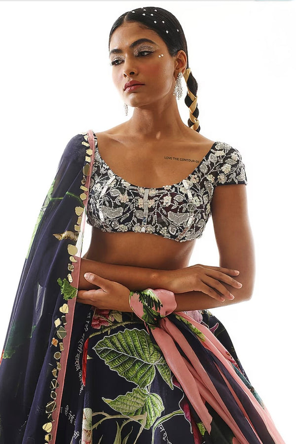Mahima Mahajan Navy Blue Satin Organza Printed Lehenga Set