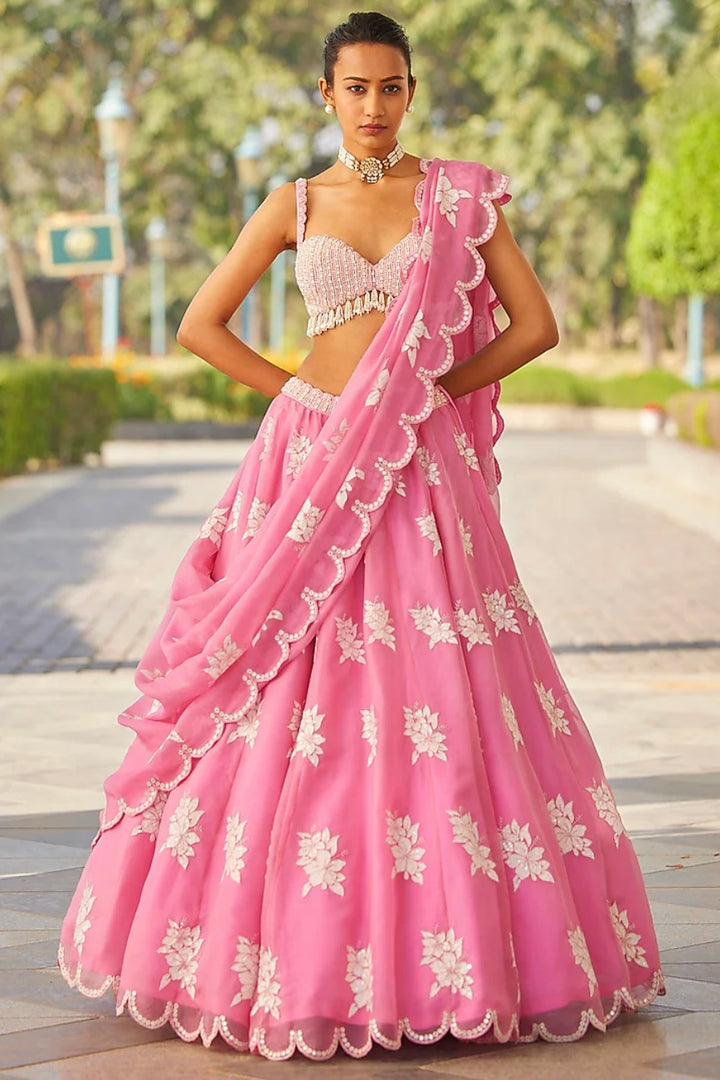 By Vvani Vats Pink Organza Hand-Embroidered Lehenga Set