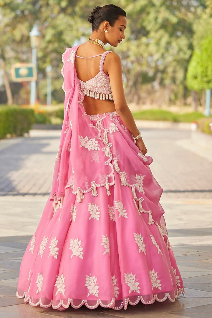 By Vvani Vats Pink Organza Hand-Embroidered Lehenga Set