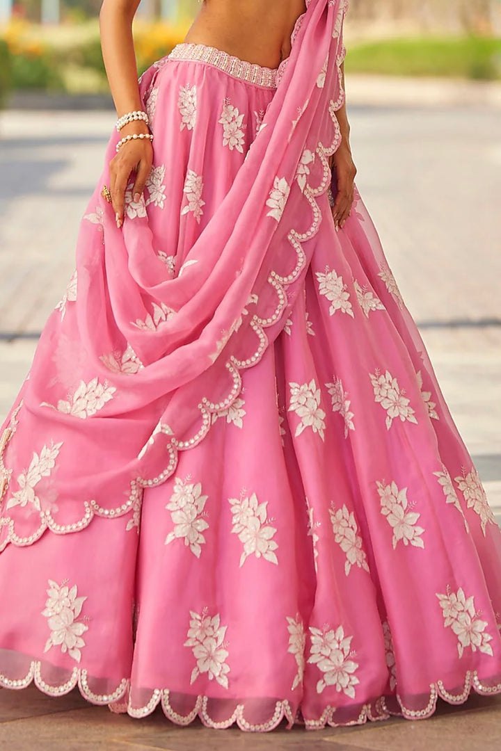 By Vvani Vats Pink Organza Hand-Embroidered Lehenga Set