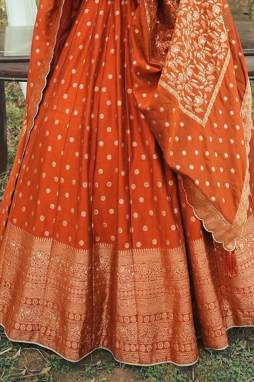 By Safaa - Rust Vegan Silk Lehenga Set