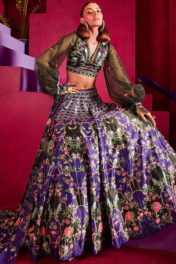 Purple Printed Embellished Lehenga Set by Limerick by Abirr N’ Nanki