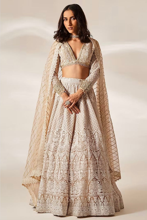 By Studio Iris - Peach Organza Chikankari Embroidered Lehenga Set