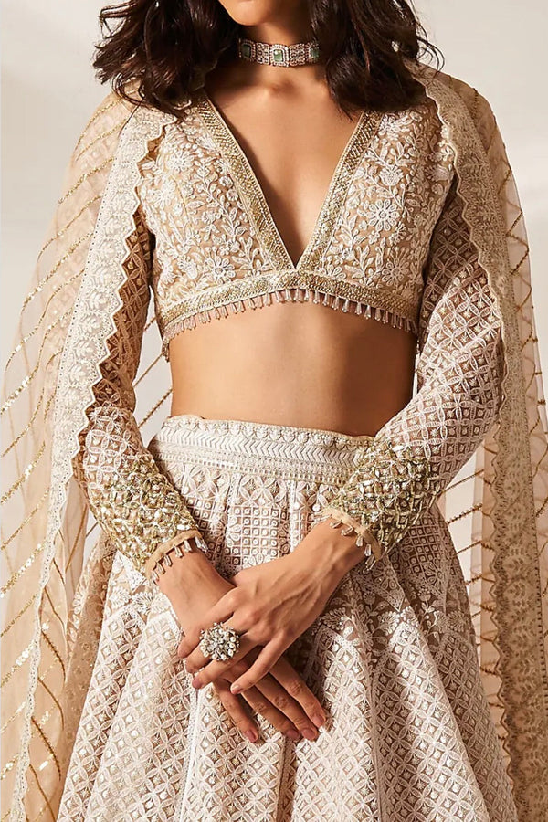 By Studio Iris - Peach Organza Chikankari Embroidered Lehenga Set