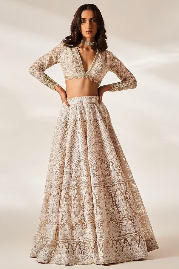 By Studio Iris - Peach Organza Chikankari Embroidered Lehenga Set