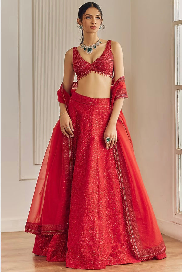 Red Organza Chikankari Embroidered Lehenga Set by Studio Iris