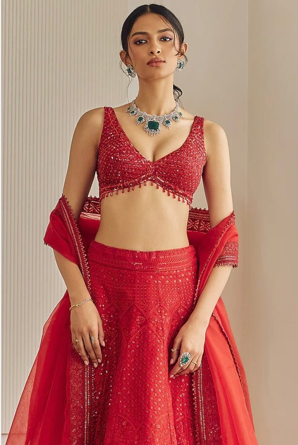 Red Organza Chikankari Embroidered Lehenga Set by Studio Iris