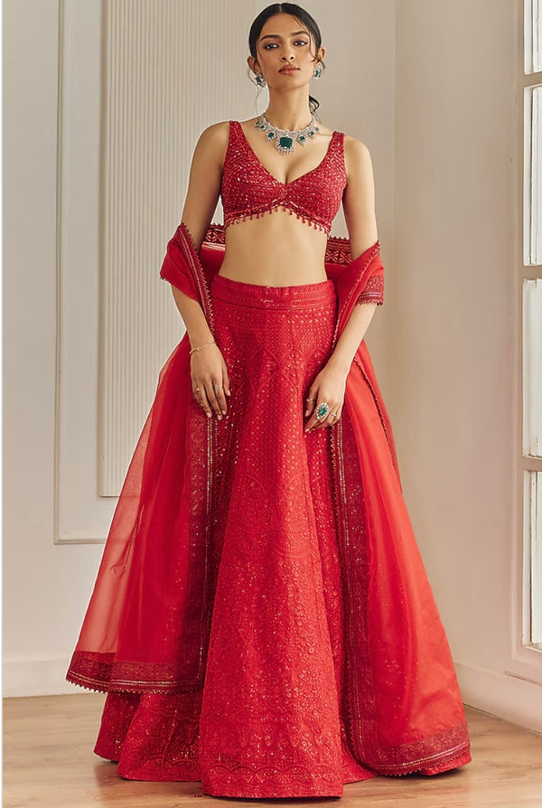 Red Organza Chikankari Embroidered Lehenga Set by Studio Iris