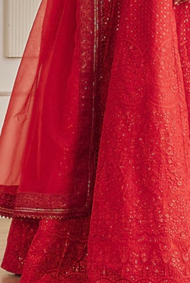 Red Organza Chikankari Embroidered Lehenga Set by Studio Iris