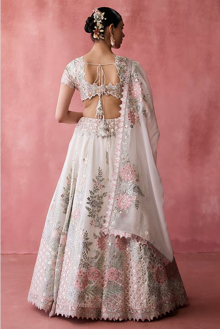 White Organza Gota & Resham Embroidered Lehenga Set by Suhino