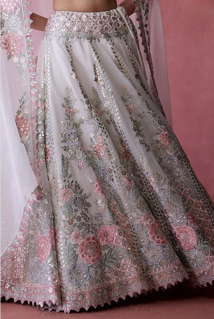 White Organza Gota & Resham Embroidered Lehenga Set by Suhino