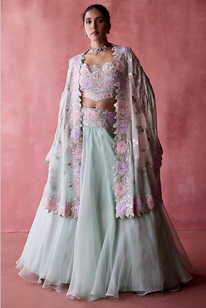 Aqua Organza & Georgette Resham Embroidered Jacket Lehenga Set by Suhino