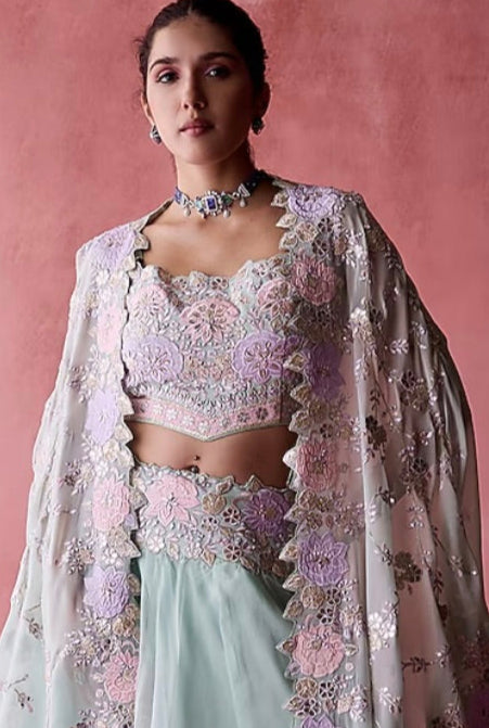 Aqua Organza & Georgette Resham Embroidered Jacket Lehenga Set by Suhino