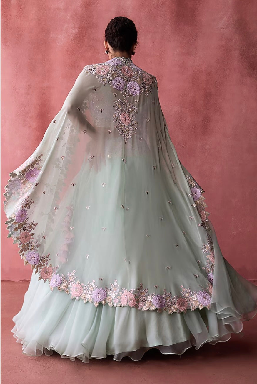 Aqua Organza & Georgette Resham Embroidered Jacket Lehenga Set by Suhino