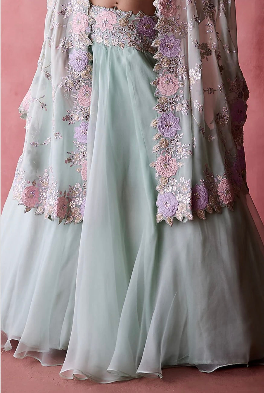 Aqua Organza & Georgette Resham Embroidered Jacket Lehenga Set by Suhino