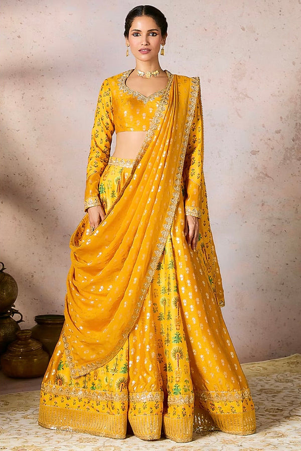By Masaba - Yellow Raw Silk Foil Printed Kinari Embellished Lehenga Set