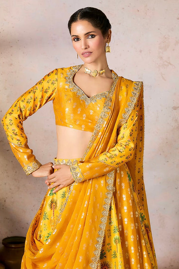 By Masaba - Yellow Raw Silk Foil Printed Kinari Embellished Lehenga Set