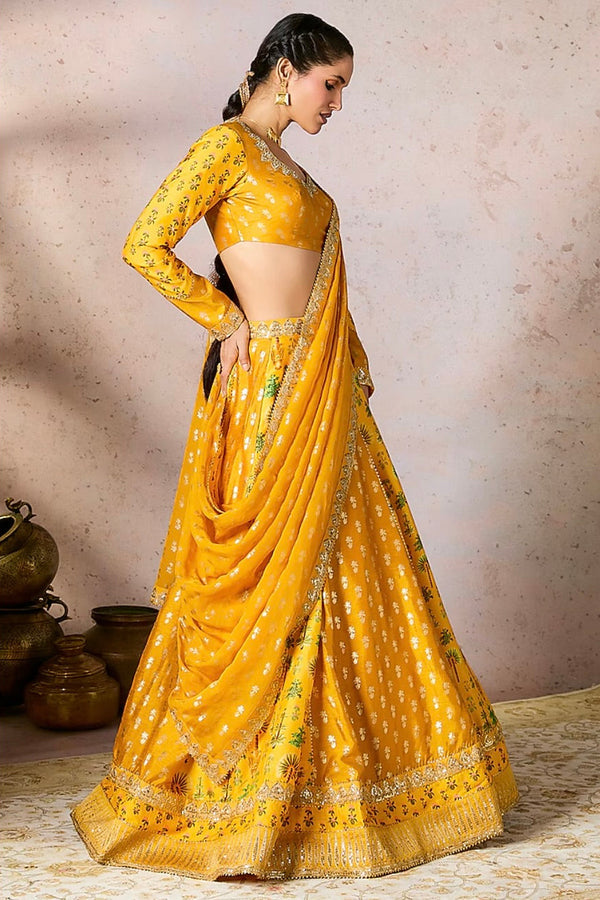By Masaba - Yellow Raw Silk Foil Printed Kinari Embellished Lehenga Set
