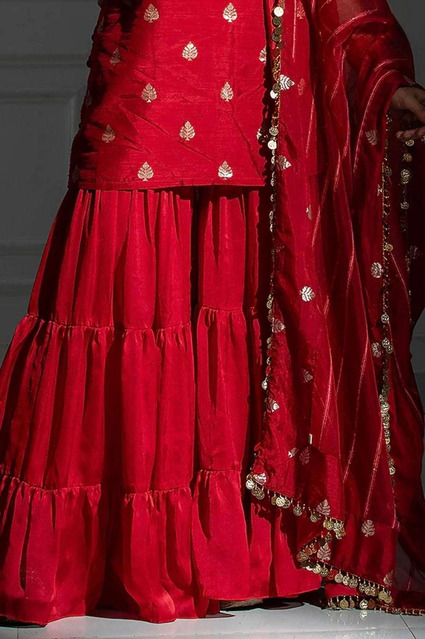 By Monk & Mei - Rose Red Satin Silk Flared Sharara Set (Outside Ontario) - myethnicrentals