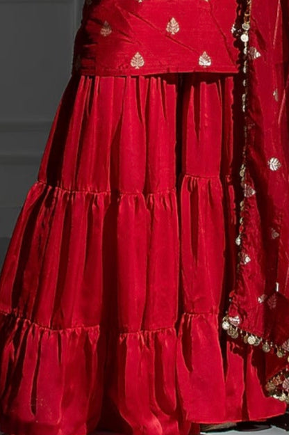 By Monk & Mei - Rose Red Satin Silk Flared Sharara Set