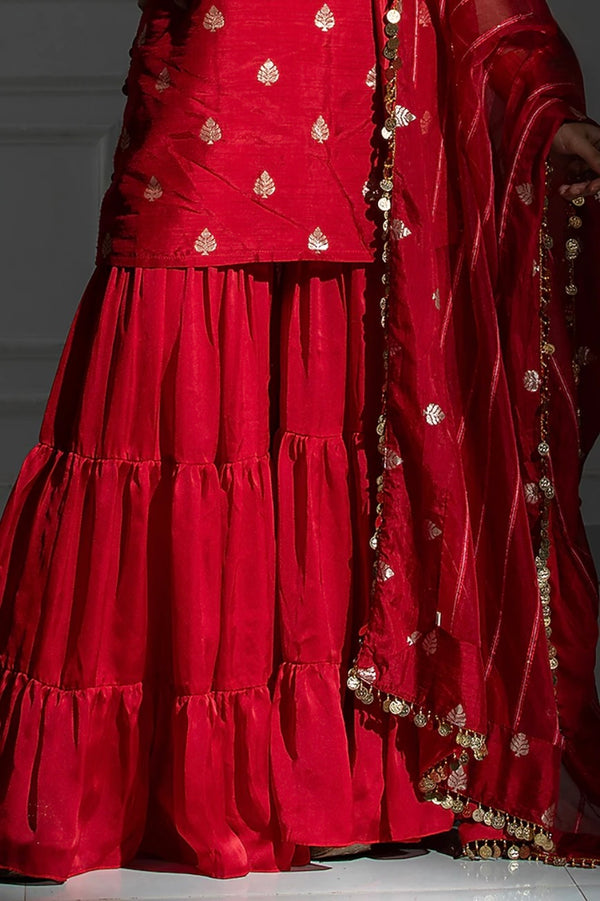 By Monk & Mei - Rose Red Satin Silk Flared Sharara Set