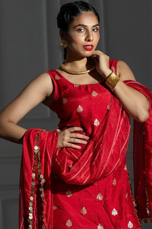 By Monk & Mei - Rose Red Satin Silk Flared Sharara Set