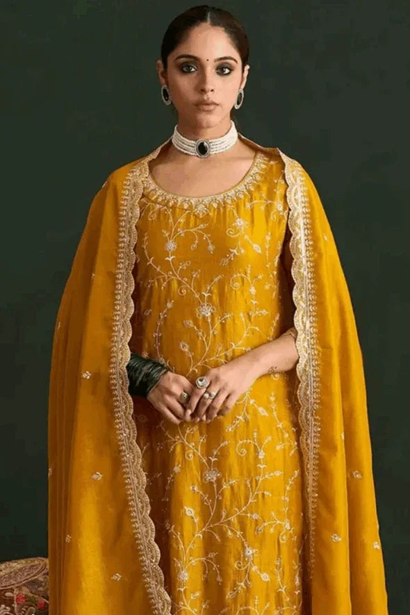 Zehra Mustard Embroidered Salwar Kameez Set (Outside Ontario) - myethnicrentals