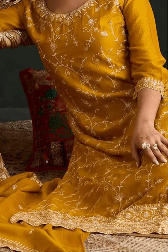 Zehra Mustard Embroidered Salwar Kameez Set (Outside Ontario) - myethnicrentals